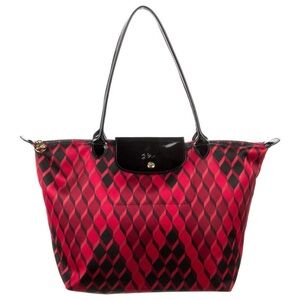 LONGCHAMP Limited Edition Le Pliage Red Geometric Diamond Print Patent Leather